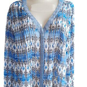 Valerie Stevens XL Womens Blouse Blue & White Geometric Tunic With Sequin Detail